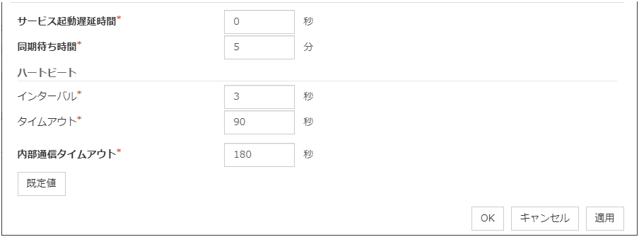 クラスタプロパティの「タイムアウト」タブ