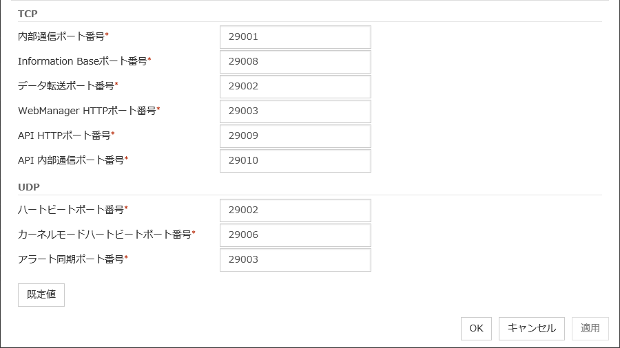 クラスタプロパティの「ポート番号」タブ