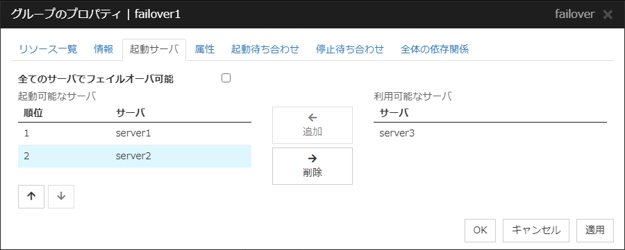 グループのプロパティの「起動サーバ」タブ