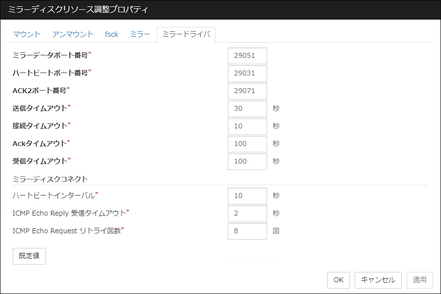 ミラーディスクリソース調整プロパティの「ミラードライバ」タブ