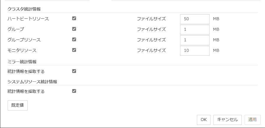 クラスタプロパティの「統計情報」タブ