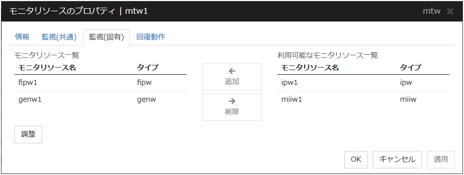 モニタリソースのプロパティの「監視(固有)」タブ(mtw)
