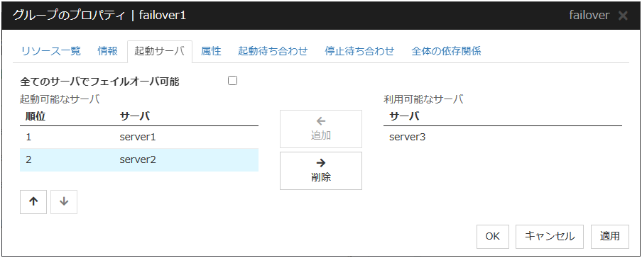 グループのプロパティの「起動サーバ」タブ