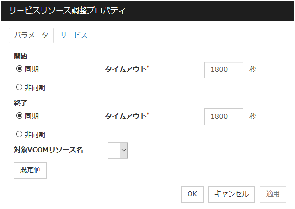 サービスリソース調整プロパティの「パラメータ」タブ