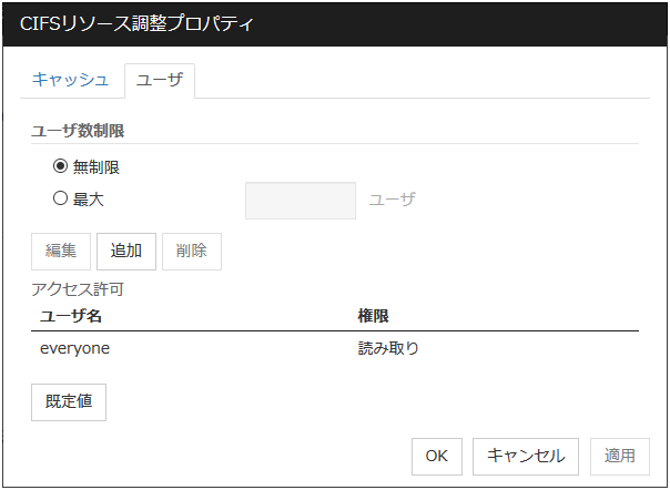 CIFSリソース調整プロパティの「ユーザ」タブ