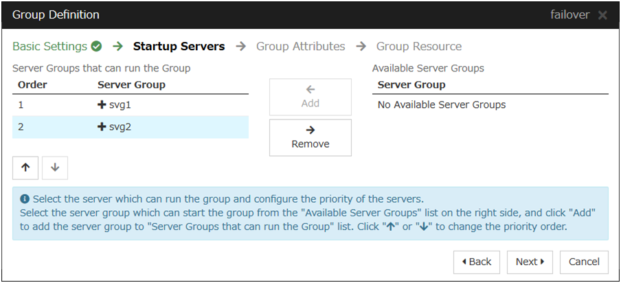 **Startup Servers** configuration window of  **Group Definition**