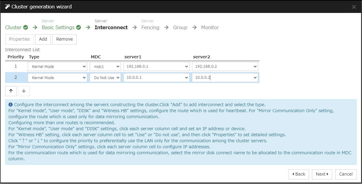 **Interconnect** window of **Cluster generation wizard**