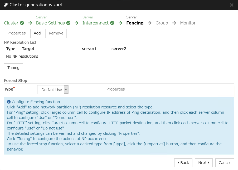 **Fencing** window of **Cluster generation wizard**