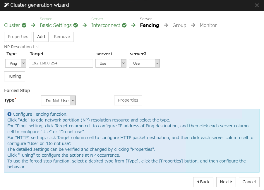 **Fencing** window of **Cluster generation wizard**