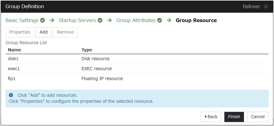 **Group Resource** configuration window of **Group Definition** (shared disk)