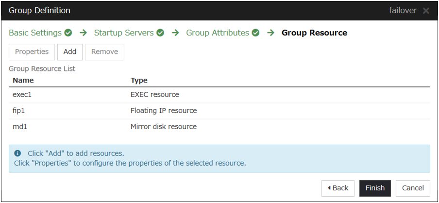 **Group Resource** configuration window of **Group Definition** (mirror disk)