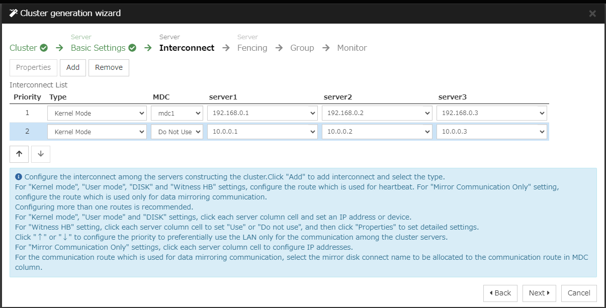 **Interconnect** window of **Cluster generation wizard**