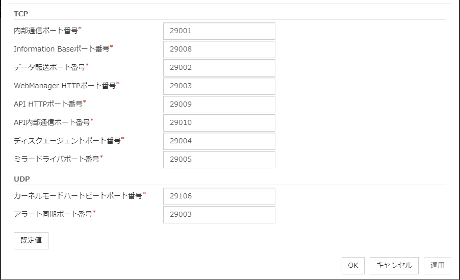 クラスタプロパティの「ポート番号」タブ