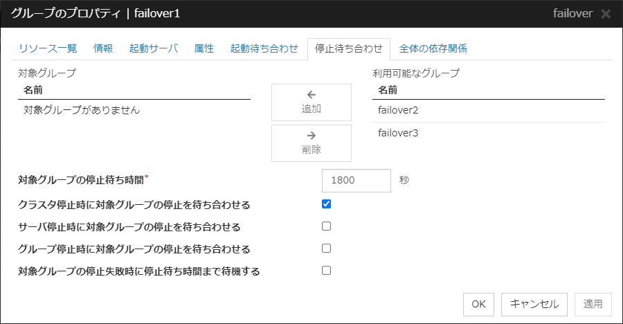 グループのプロパティの「停止待ち合わせ」タブ