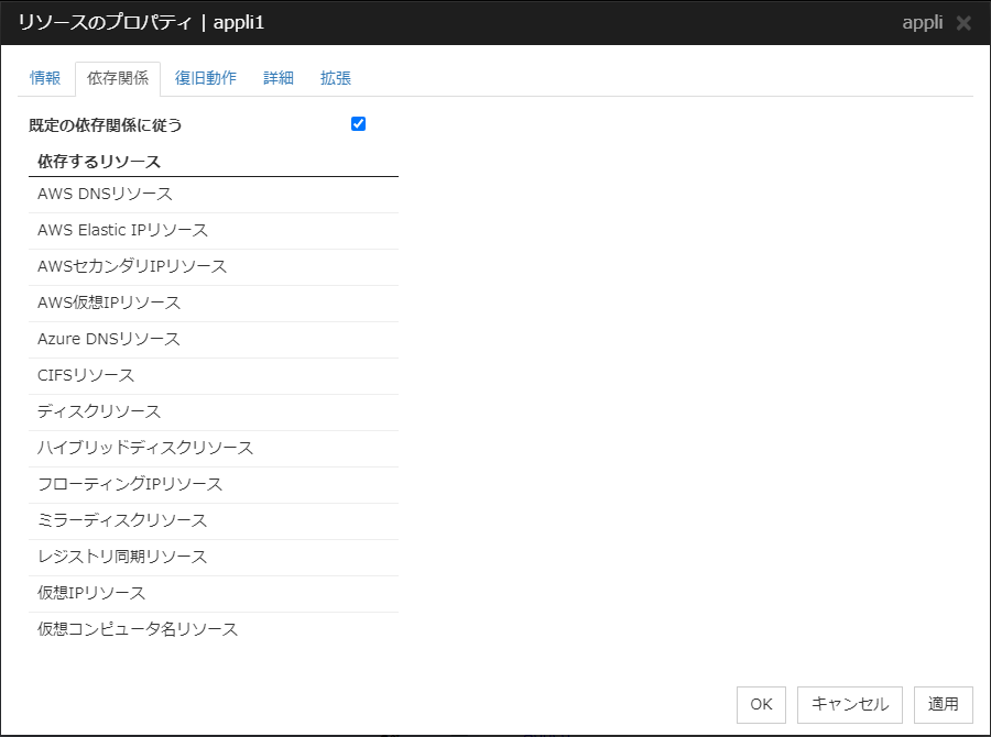 リソースのプロパティの「依存関係」タブ（appli）