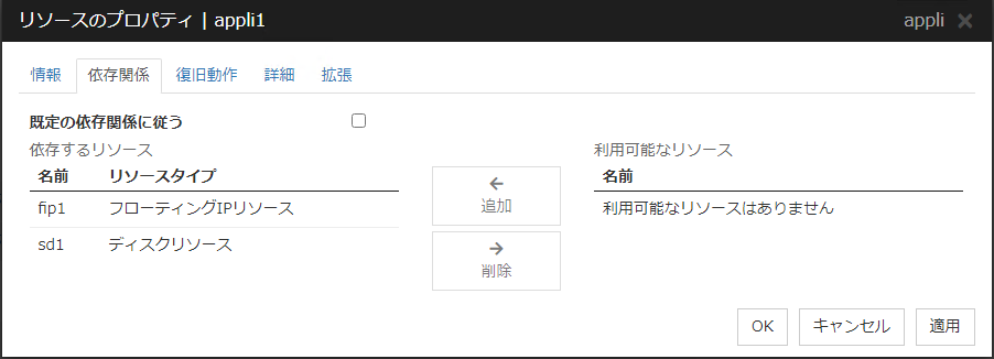 リソースのプロパティの「依存関係」タブ（appli）