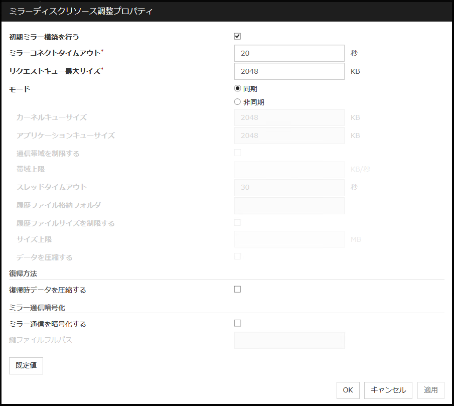 「ミラーディスクリソース調整プロパティ」ダイアログボックス