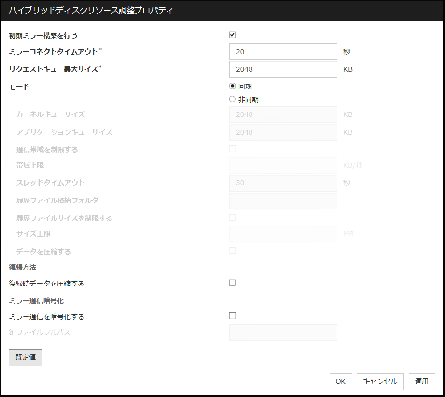 「ハイブリッドディスクリソース調整プロパティ」ダイアログボックス