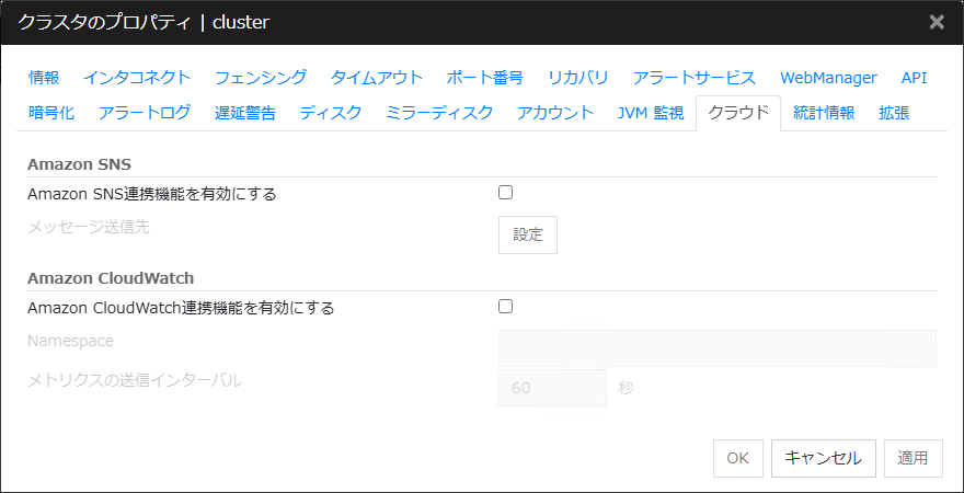 クラスタプロパティの「クラウド」タブ