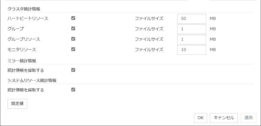 クラスタプロパティの「統計情報」タブ