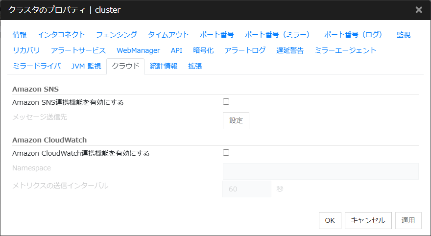 クラスタプロパティの「クラウド」タブ
