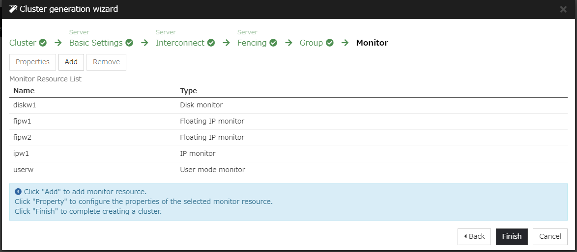 **Monitor** window of **Cluster generation wizard**