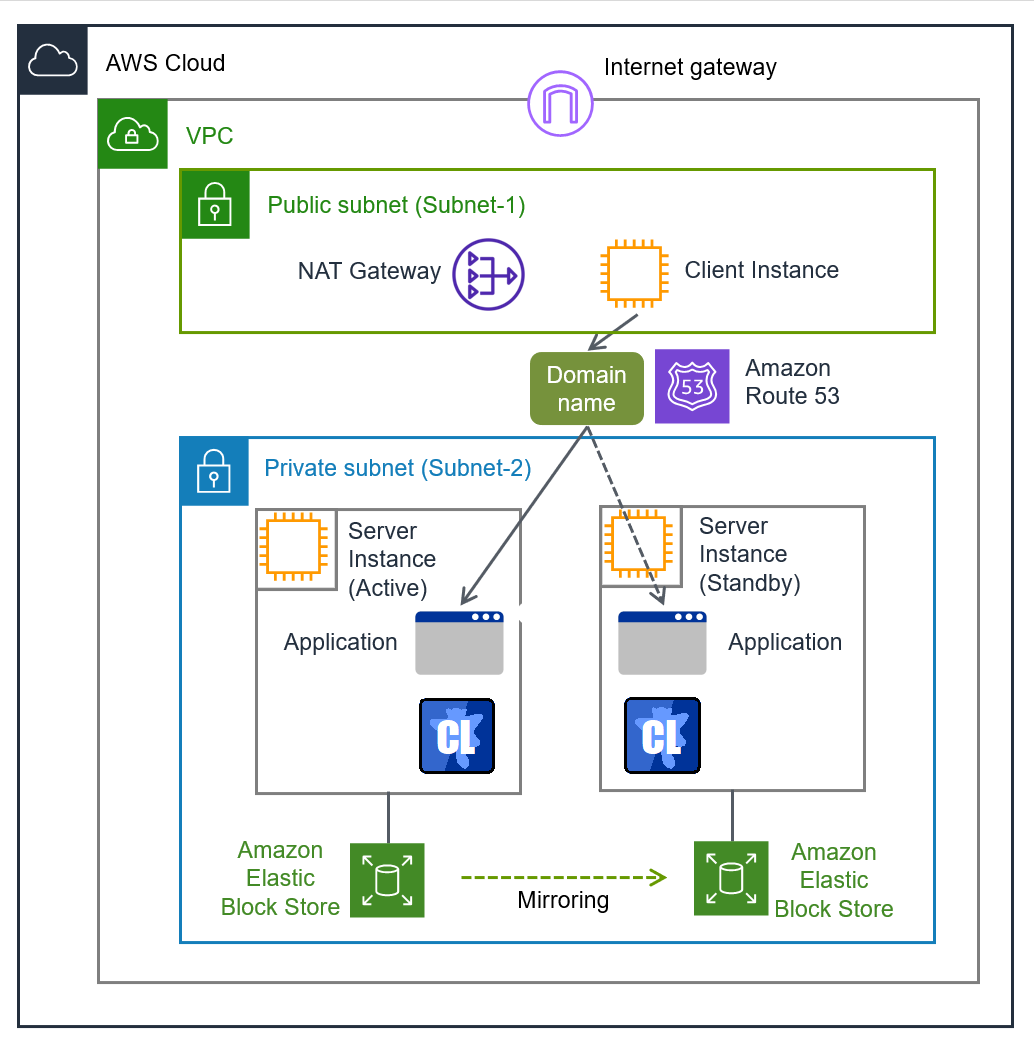NAT gateway and client instance on a public subnet, and two server instances on a private subnet