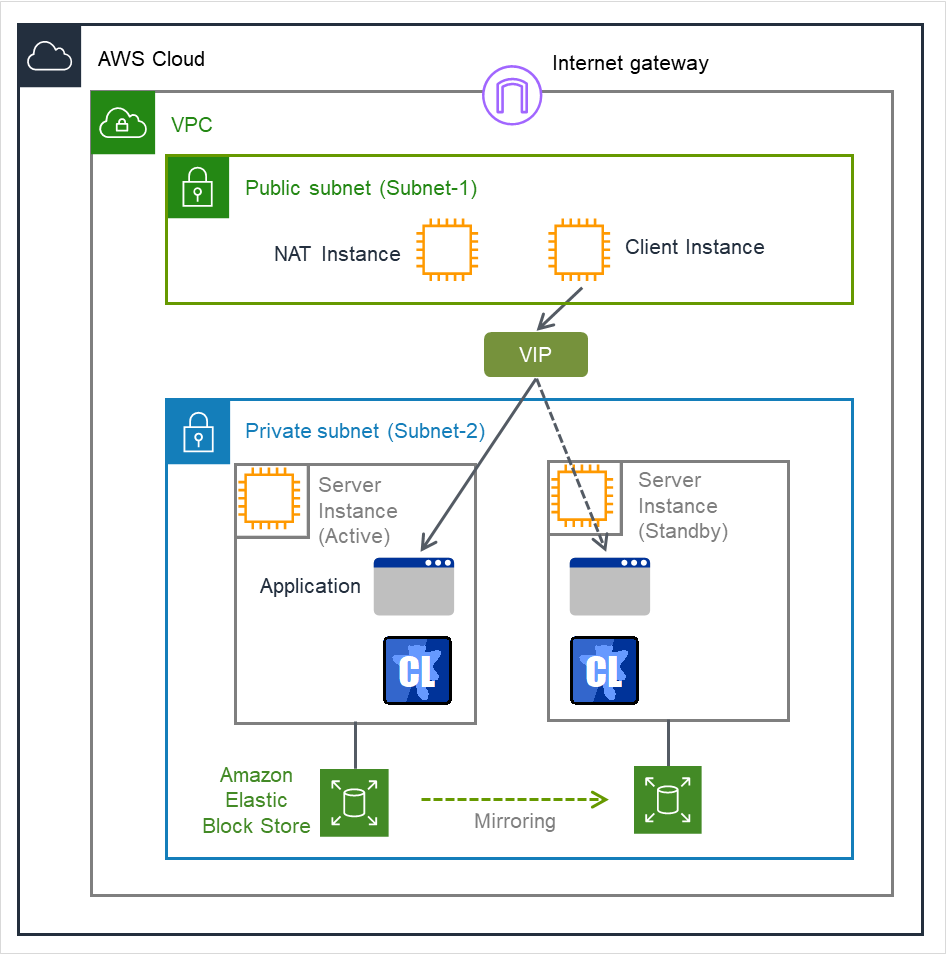 A NAT instance and a client instance within the public subnet, two server instances within the private subnet, and VIP