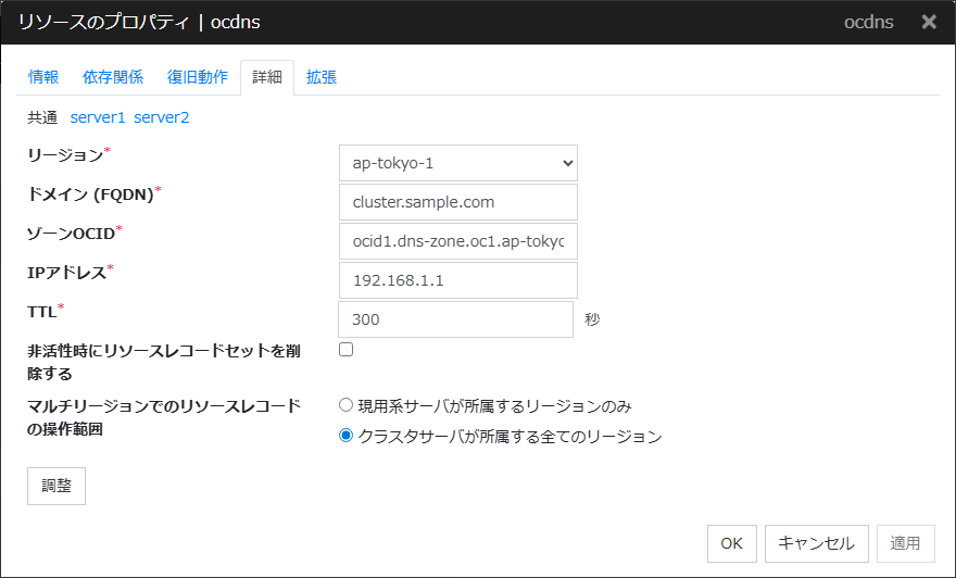 リソースのプロパティの「詳細」タブ(ocdns)