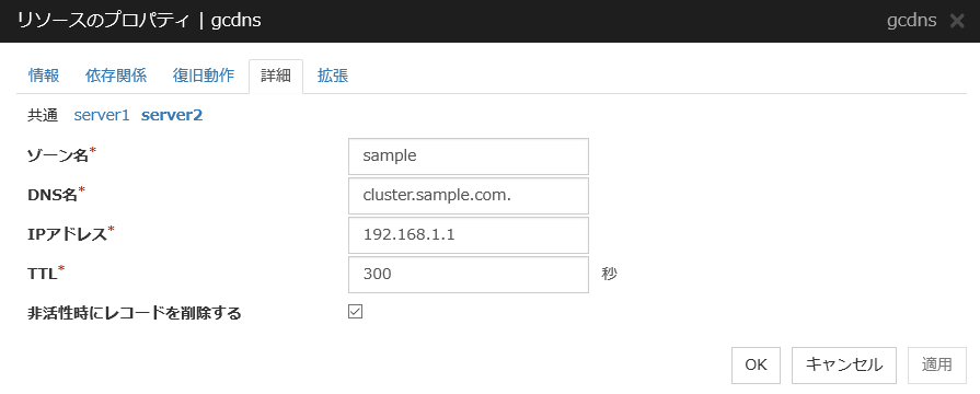 リソースのプロパティの「詳細」タブ(gcdns)