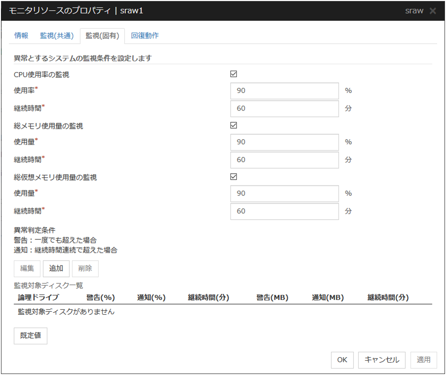 モニタリソースのプロパティの「監視(固有)」タブ(sraw)