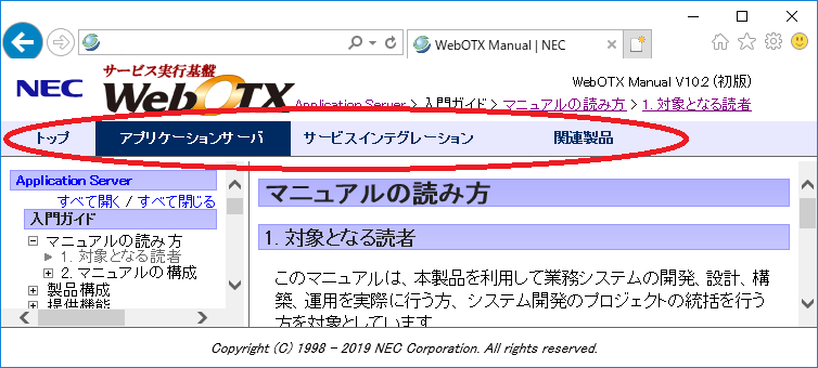 製品選択のタブ