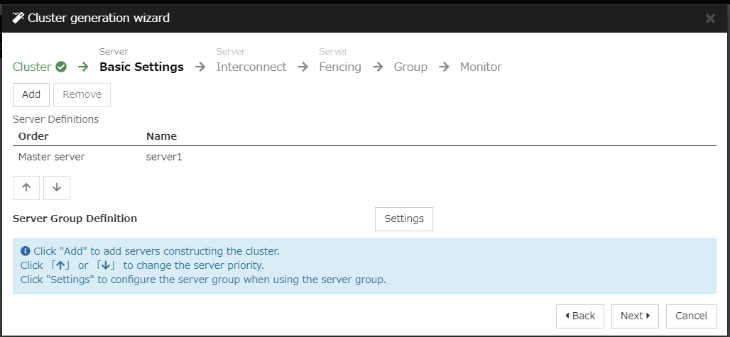 **Basic Settings** window of **Cluster generation wizard**