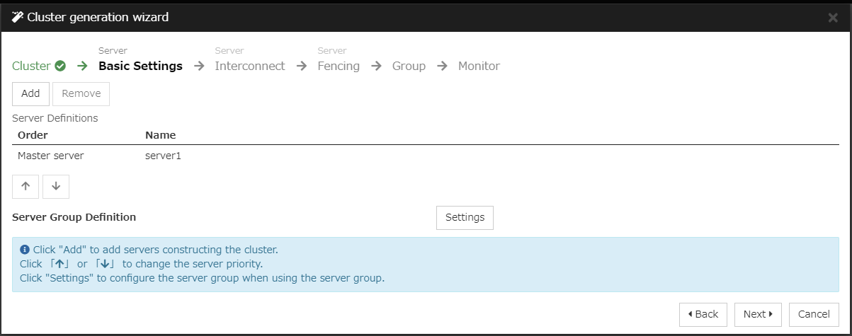 **Basic Settings** window of **Cluster generation wizard**