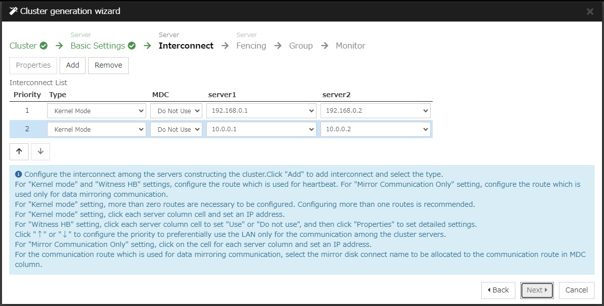 **Interconnect** window of **Cluster generation wizard**