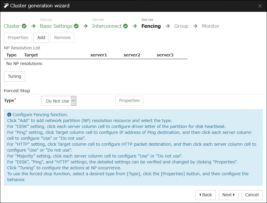 **Fencing** window of **Cluster generation wizard**