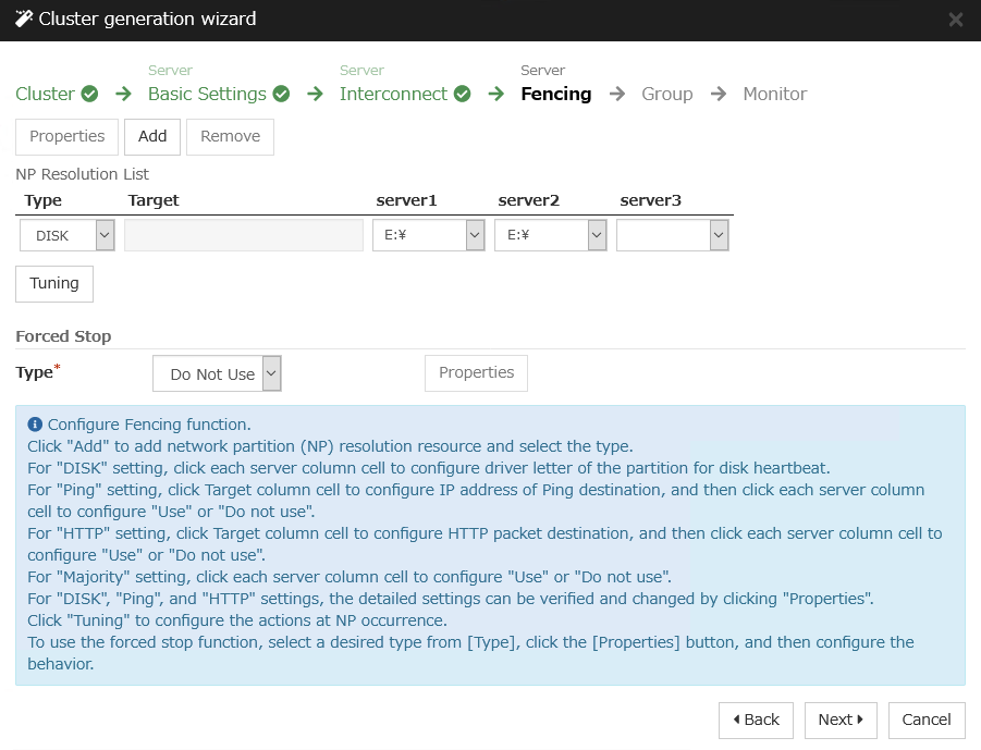 **Fencing** window of **Cluster generation wizard**