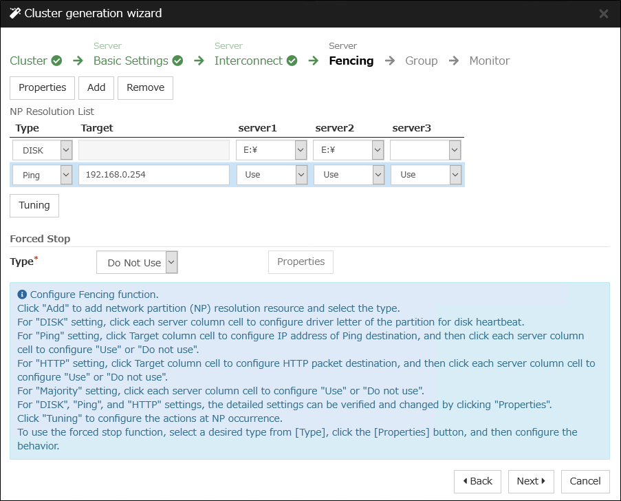 **Fencing** window of **Cluster generation wizard**